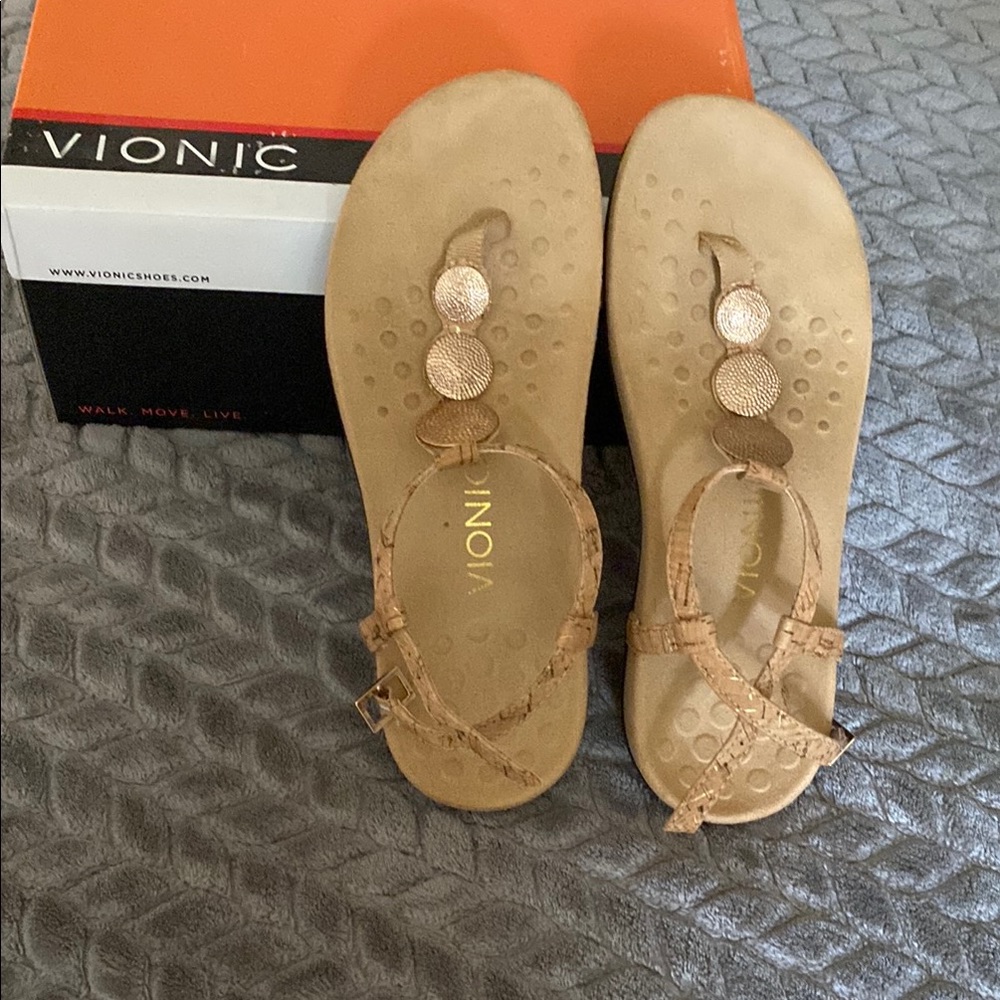 Vionic Tan Sandals with Contoured Footbed and Thong Design